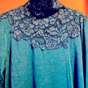 Soft Surroundings lace top turtleneck top in blue/green color.